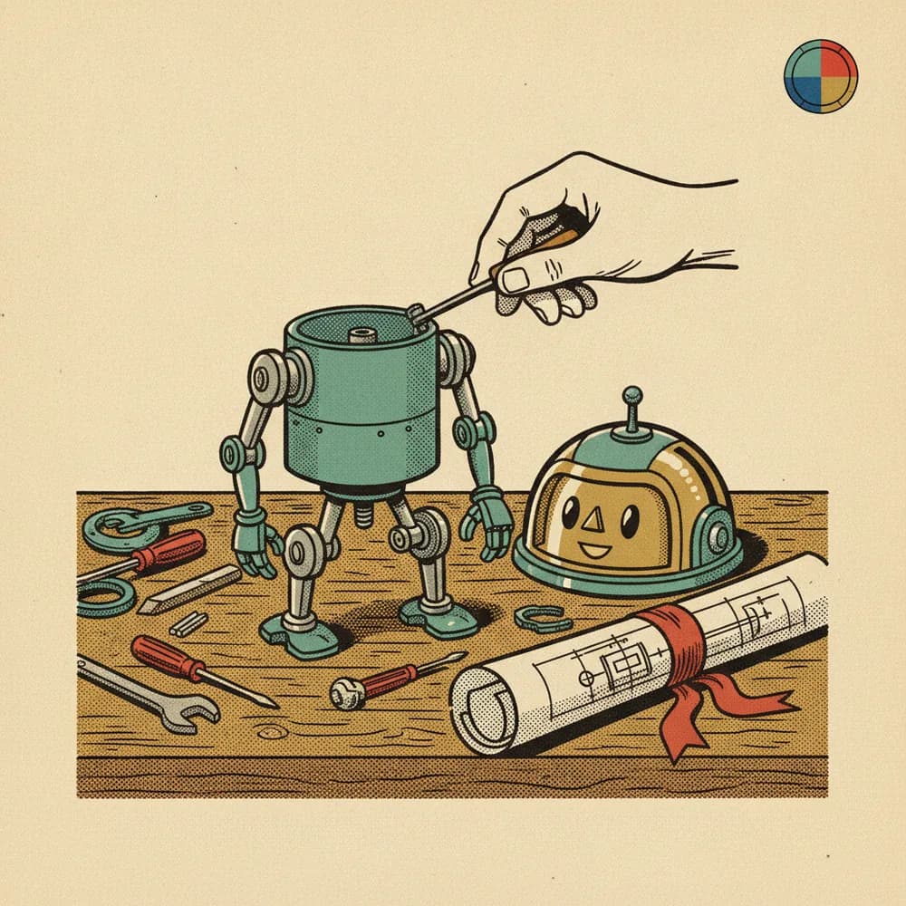A small agent being assembled from a blueprint on a workbench.