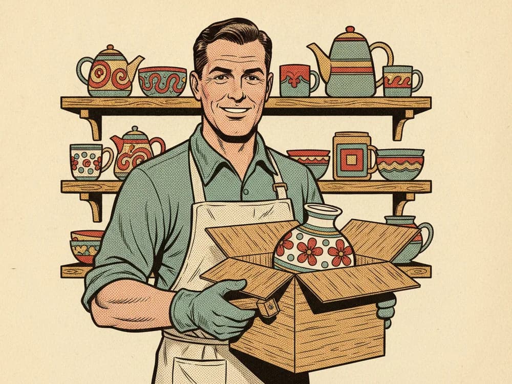 A ceramics shop owner packing a hand-thrown vase into a shipping box, shelves of pottery behind.