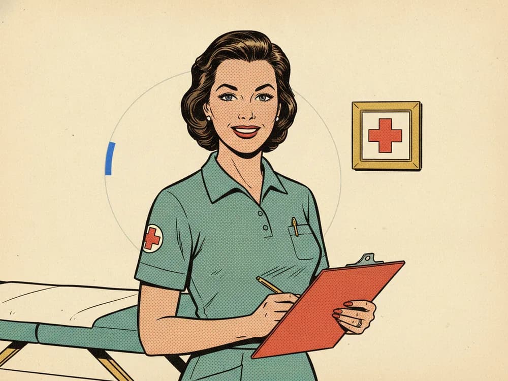 A physiotherapist with a treatment clipboard beside a therapy table in a clinic.
