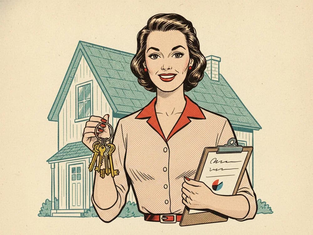 A letting agent holding a ring of keys and a clipboard in front of a house.